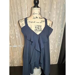 BCBGGeneration Navy Ruffle Tank Top with Lace Back – Size M